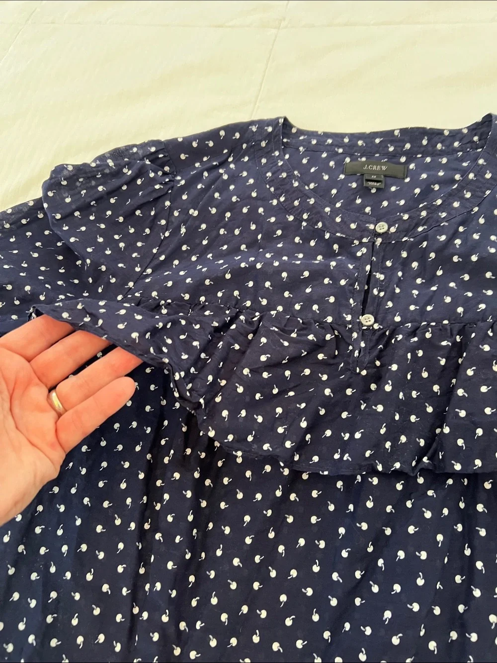 J. Crew Navy Blue Ruffle Front Blouse with White Cherry Print- slightly sheer - Picture 3 of 8